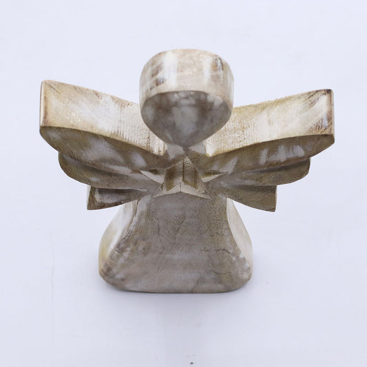 Top view of the 18Cm Whitewash Mango Wood Angel With Star Cut-Out â€“ Perfect Christmas Gift For Your Home. This elegant angel showcases its handcrafted design, perfect for adding charm to your festive decor. {{scent}} {{product_type}} â€“ Christmas Gift Home Fragrance.