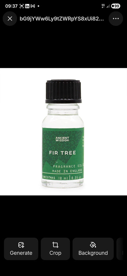 Close-up of Fir Tree Fragrance Oil 10ml bottle, refreshing forest aroma, suitable for Christmas gifts and stocking fillers, wonderful addition to festive fragrance and pamper packs, enhancing home fragrance with a touch of aromatherapy.