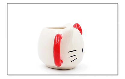 Overview of the Hello Kitty mug gift set in red polka dot box, showcasing the craftsmanship of the official Sanrio collectible ceramic mug.