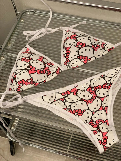 Sanrio Hello Kitty 2Pcs Bikini Set | Y2K Kawaii Strappy Swimwear - Cake Pops Parties