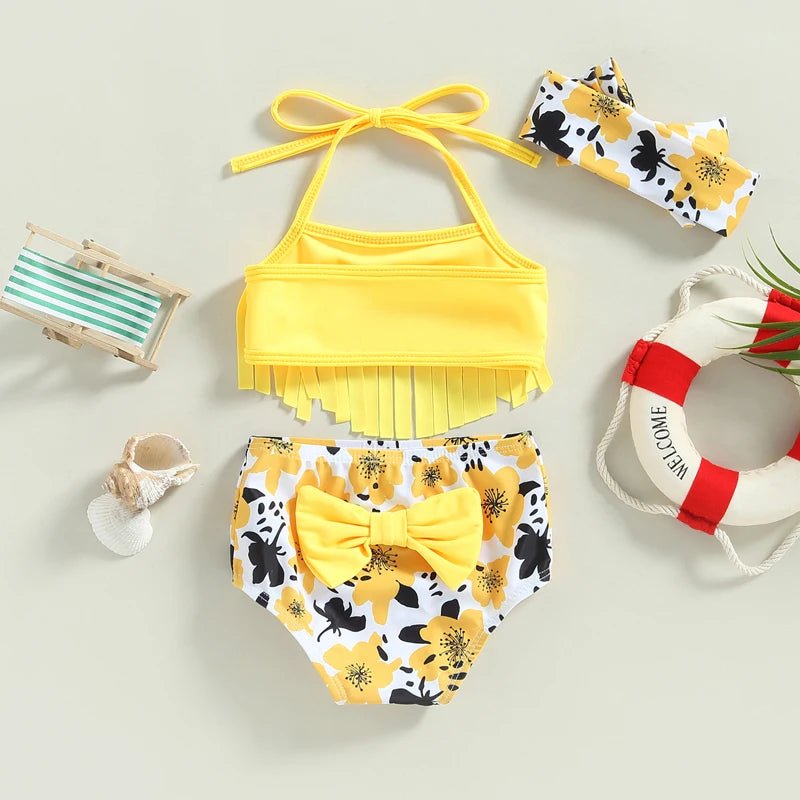 Toddler Girls 3pc Swimsuit | Tassel Top & Strawberry Print Shorts Set - Cake Pops Parties