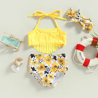 Toddler Girls 3pc Swimsuit | Tassel Top & Strawberry Print Shorts Set - Cake Pops Parties