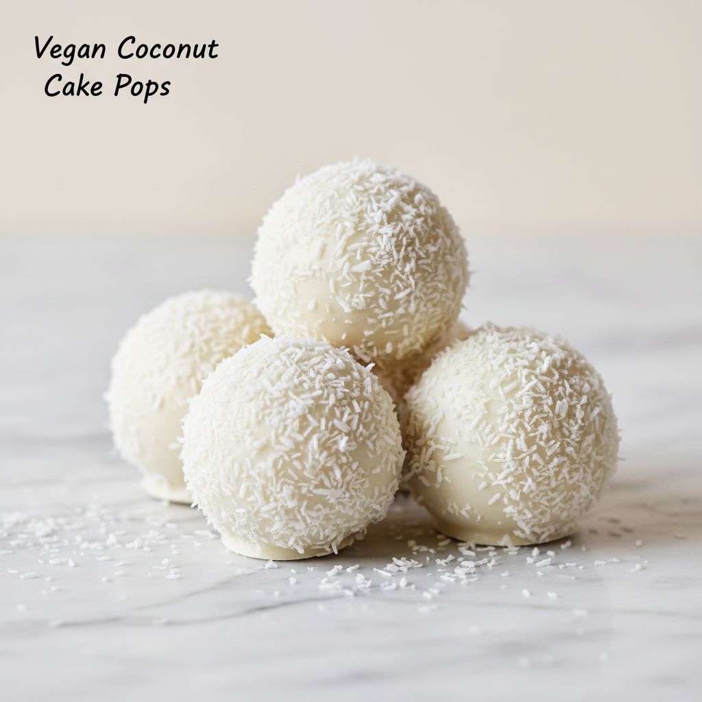 Vegan coconut cake pops on a marble surface with 'Vegan Coconut Cake Pops' Parties.