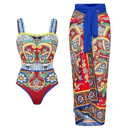 Vintage Style One Piece Swimsuit | Retro Pattern Print | Women's Wear - Cake Pops Parties