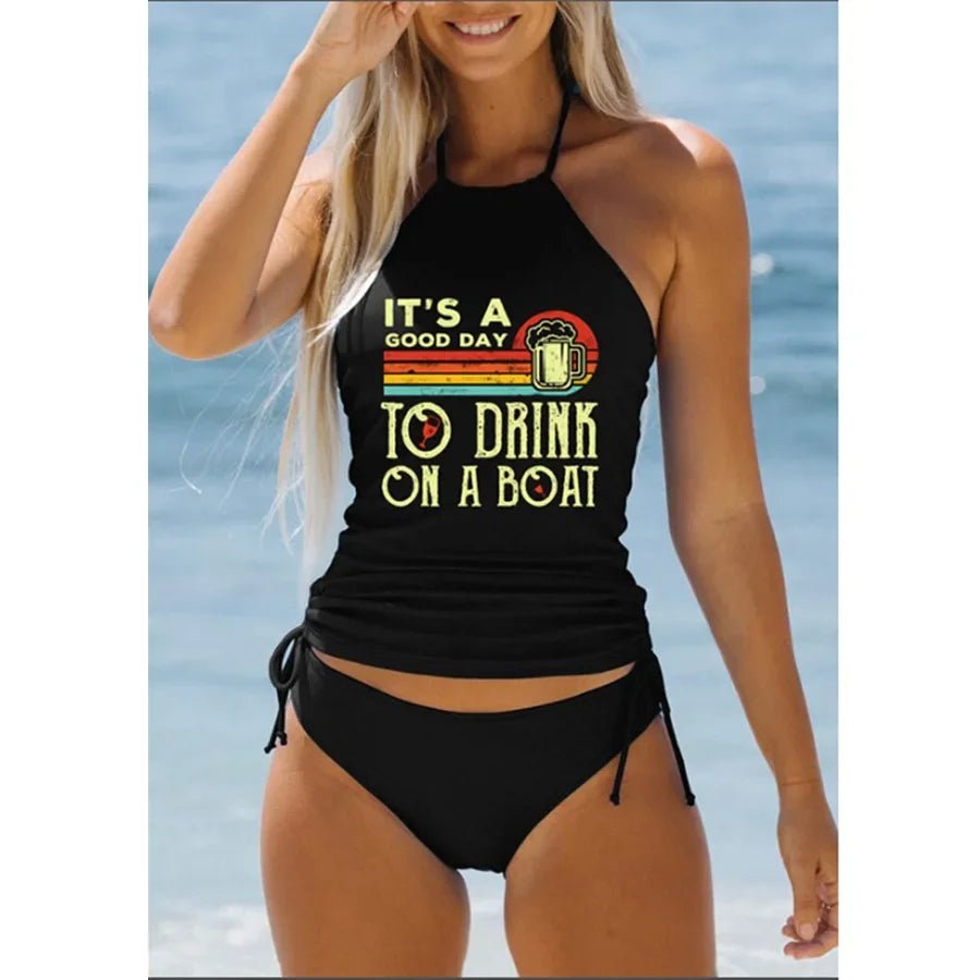 Women's Coconut Print Halter Neck Tankini Set | Drawstring Side Swimsuit - Cake Pops Parties