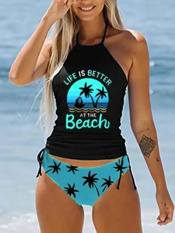 Women's Coconut Print Halter Neck Tankini Set | Drawstring Side Swimsuit - Cake Pops Parties