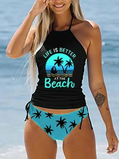 Women's Coconut Print Halter Neck Tankini Set | Drawstring Side Swimsuit - Cake Pops Parties