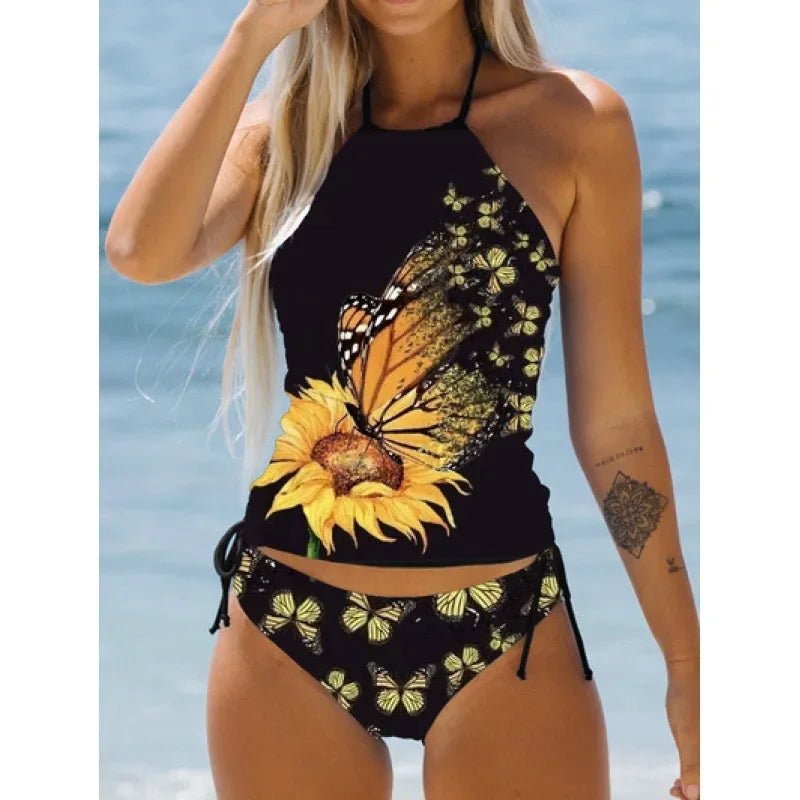Women's Coconut Print Halter Neck Tankini Set | Drawstring Side Swimsuit - Cake Pops Parties