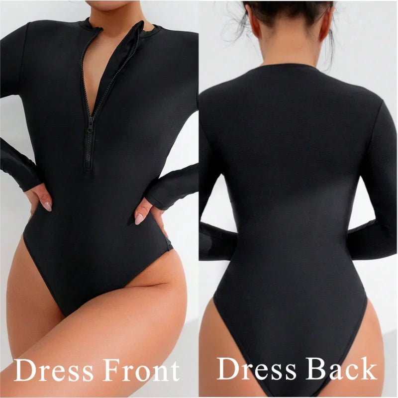 Women’s Long Sleeve One Piece Swimsuit Black Front Zipper Surf Wear - Cake Pops Parties
